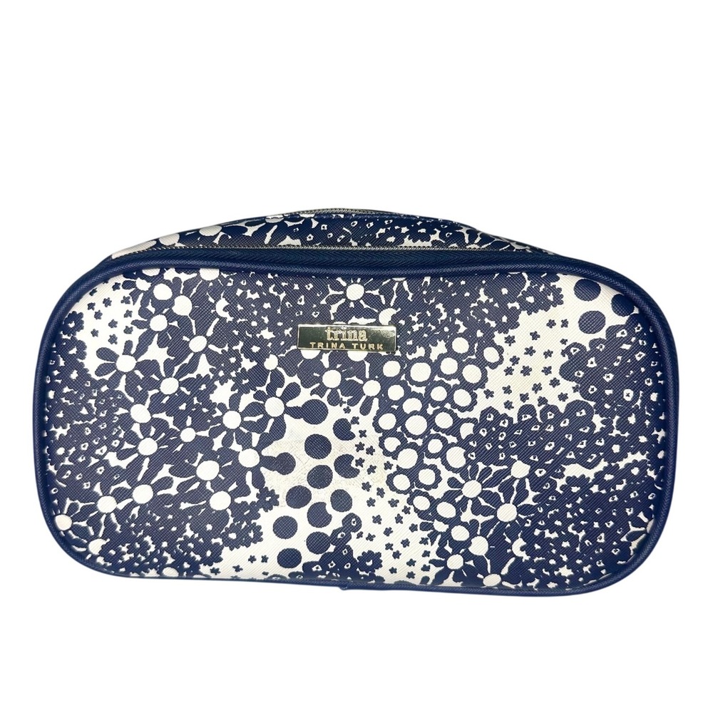 Trina Turk Navy Blue Cosmetic Bag Double Zip Travel‎ Makeup Case Organizer